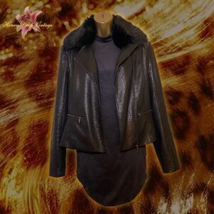 Cache Black Faux Croc Moto Leather Jacket with Removable Fur Collar
